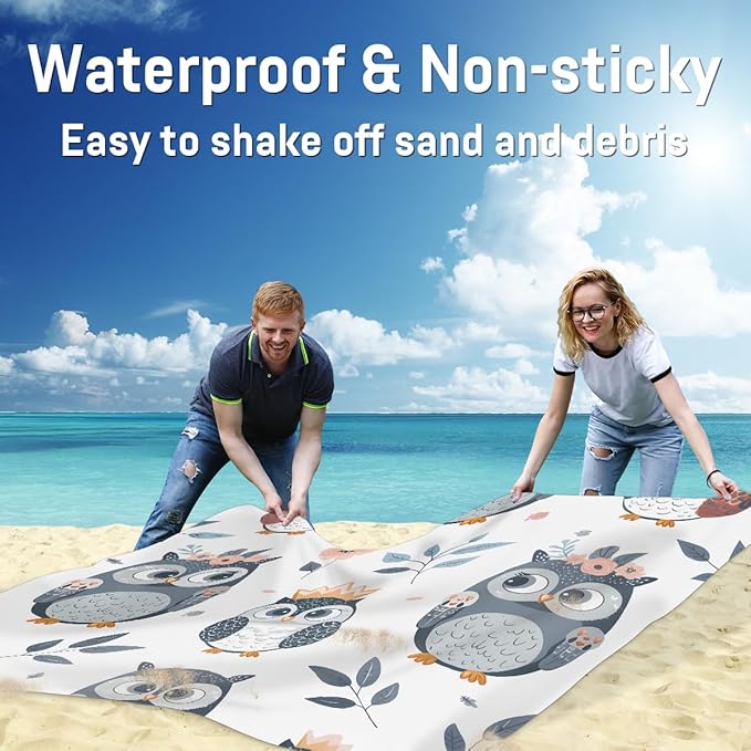 Waterproof Sandproof Beach Blanket 59''×68'' Owls Polyester Outdoor Picnic Blanket with 4 Stakes &amp Storage Bag for BeachCampingVacation Dark Grey