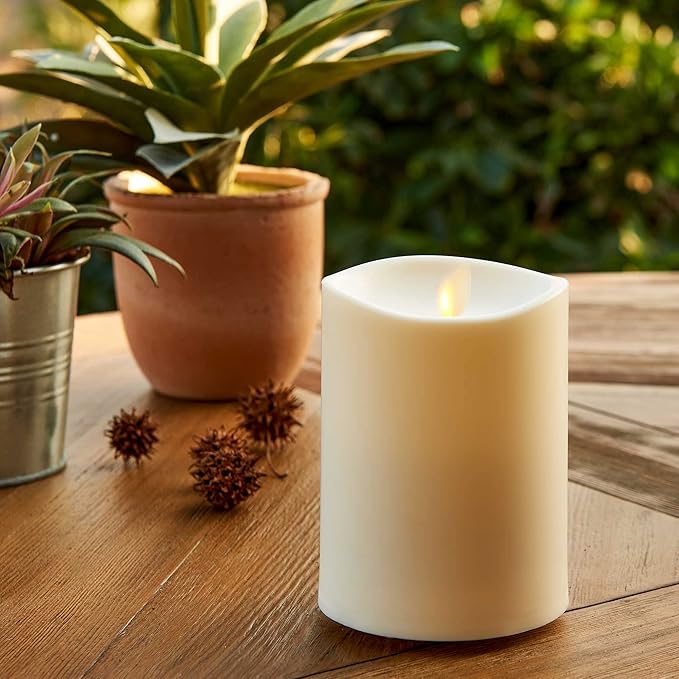 Luminara Realistic Artificial Moving Flame Outdoor Pillar Candle IPX4 - Moving Flame LED Battery Operated Lights for Outside Christmas Halloween - Remote Included - Ivory - 6 x 6