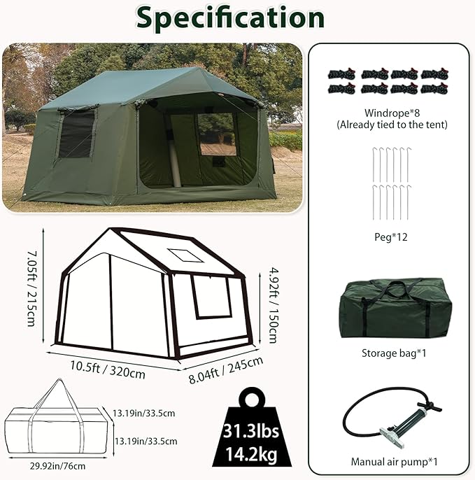 Inflatable Camping Tent with Hand Pump Waterproof Outdoor Blow up Tent 2-8 Person Oxford 4 Season Glamping Air Tent Cabin House with Mesh Windows &amp Door