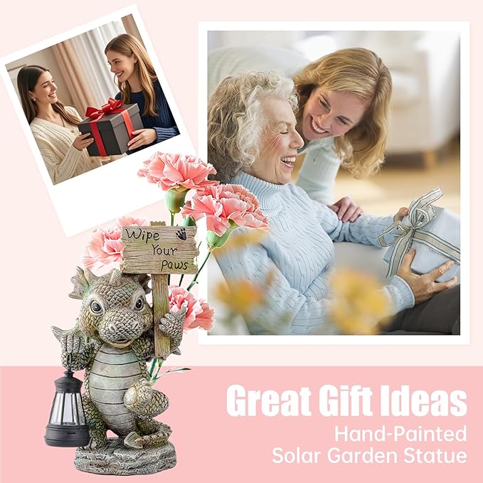 Solar Dragon Garden Statue with Lantern Resin Outdoor Yard Decor Figurine Waterproof Solar Powered Light for Patio Lawn Walkway &amp Front Porch (Dragon)