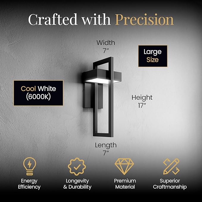 MOD LIGHTING Terri Wired LED Outdoor Sconce Lights (1-Pack) 17 Water Resistant Outdoor Wall Lights 6000K Cool White Exterior Sconces for Patio Garage Black
