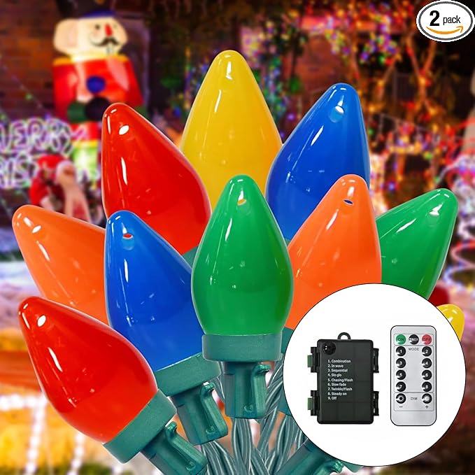 100 LED C7 Multicolor Christmas Lights Battery Operated with 8 Mode Remote Control 2 Sets 27.5FT Colorful Christmas Tree Lights with 2 * 50pcs Twinkle C7 Light Bulbs for Home Porch Yard Decorations