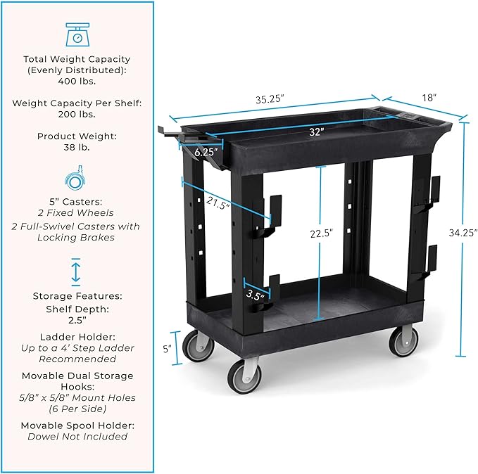 Stand Steady Tubstr 2 Shelf Utility Cart | Heavy Duty Service Cart Holds 400 lbs. | Adjustable Storage Hooks Ladder &amp Spool Holders | Tub Cart for Warehouse Garage School &amp Office (32 x 18i