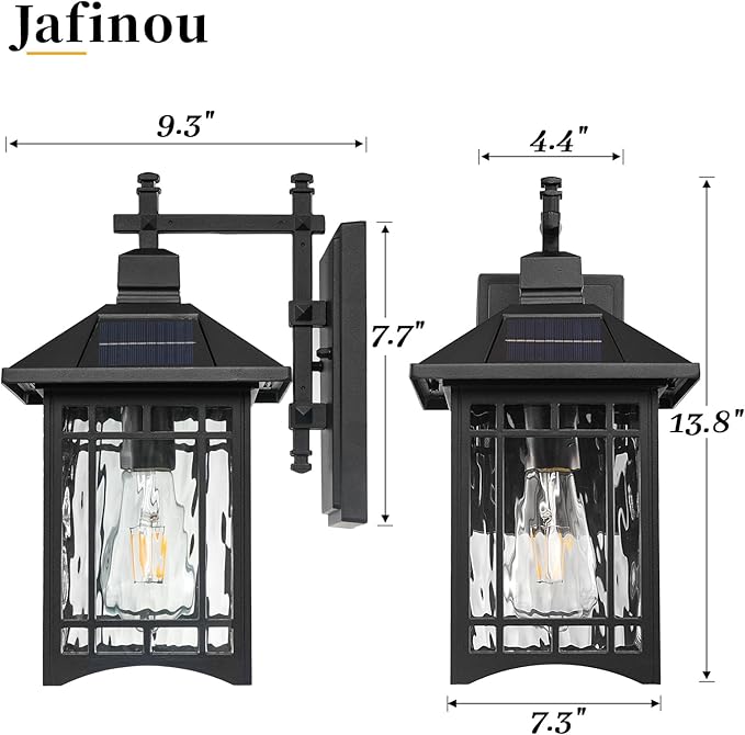 Solar Powered SconceBlack Porch Light Dusk to Dawn Outdoor Solar Wall LightsWaterproof Exterior Lights for Patio Yard House Hallway Doorway Garagewith Water Pattern Glass Shade