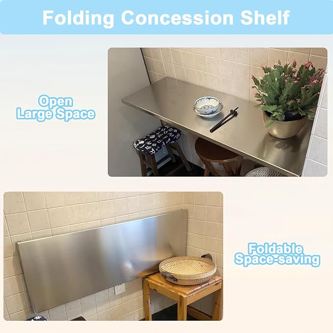Folding Concession Shelf 36 x 12 Inch Stainless Steel Drop Down Serving Shelf Wall Mounted Folding Shelf for Food Truck Window &amp Concession Stand