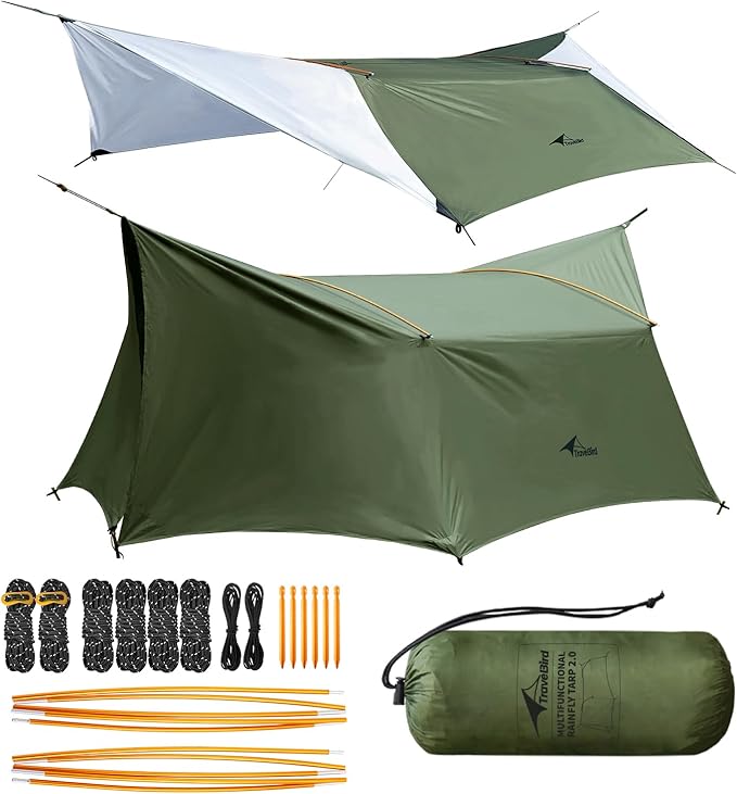 14ft Hammock Rain Fly Lightweight Waterproof Camping Tent Tarp with Doors and Dual Support Poles Bushcraft Tarp Shelter for Backpacking Hiking Camping