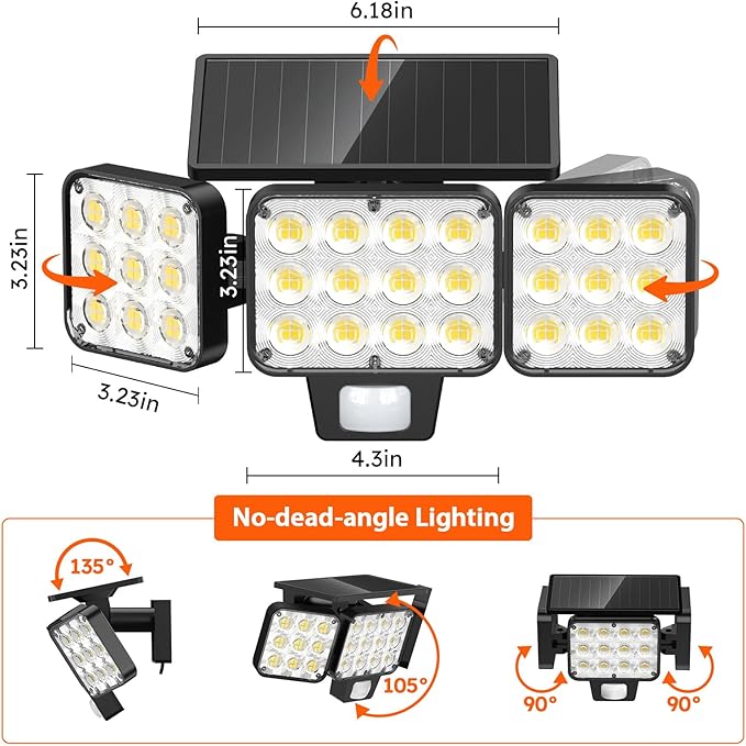 WdtPro Solar Lights Outdoor Flood Light 3 Pack 3500LM Bright Motion Sensor Outdoor Lights 3 Heads &amp Upgrade Glass Panel LED Solar Powered Security Light Spotlights Waterproof for Outside Yard