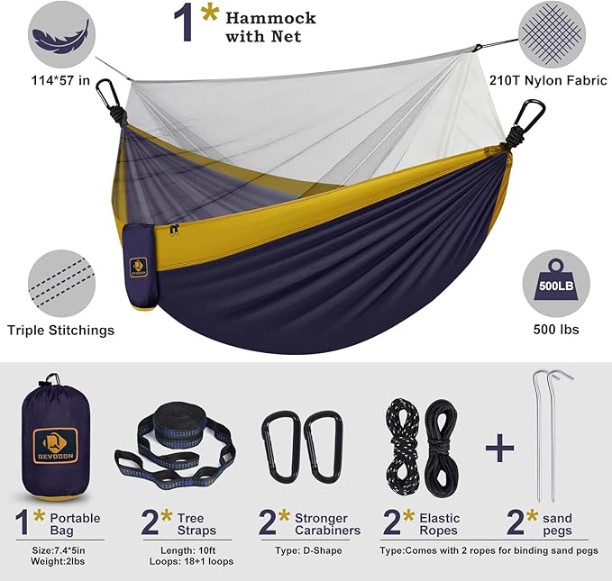Camping Hammock with NetTravel Portable Lightweight Hammocks with Tree Straps and Solid D-Shape CarabinersParachute Nylon Hammock for Outsides Backpacking Beach Backyard Patio Hiking