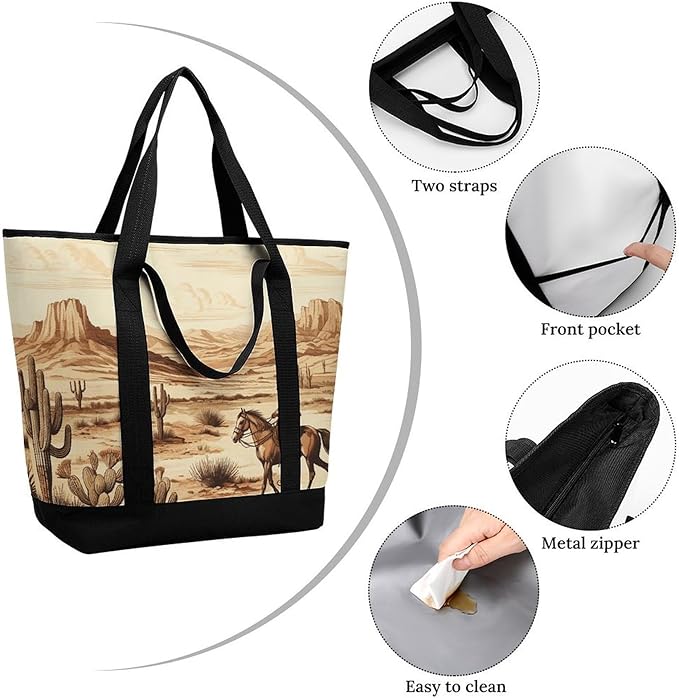 Insulated Shopping BagLarge Reusable Cooler Bags West Desert Cactus with Cowboys Riding Horses Printed Foldable Shopping BagTravel Waterproof Shoulder Bag