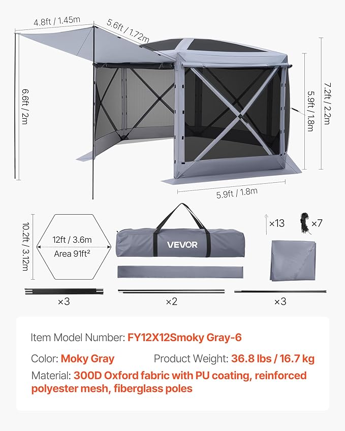 VEVOR Pop up Gazebo Screen Tent 12 x 12 ft Large 6-Sided Camping Canopy Tent with Removable Top &amp Carry Bag Quick-Set &amp Bite-Proof Screen House Sun Shelter for 8-10 Persons Backyard Patio