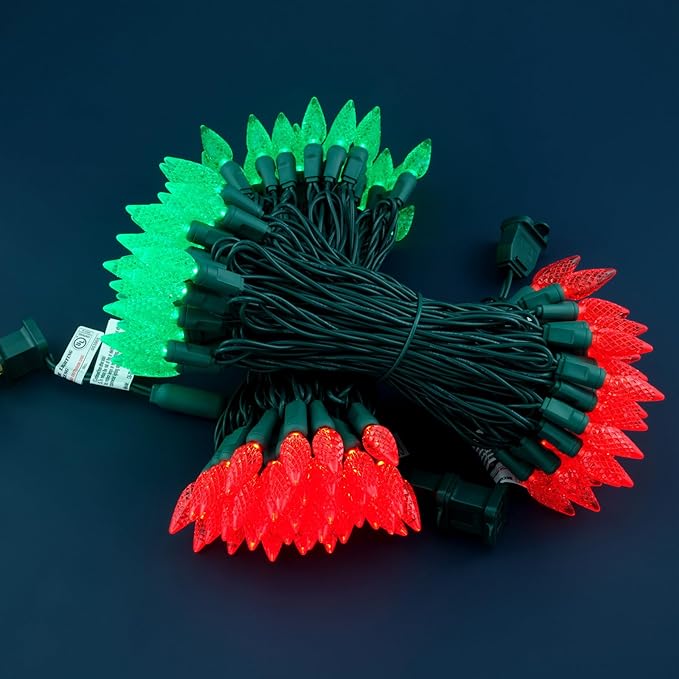 140 Red and Green Strawberry One-Piece LED Christmas Lights Pack of 2 Strands 70 Count 36 ft High Waterproof UL Certified C6 Outdoor String Lights (Red &amp Green)