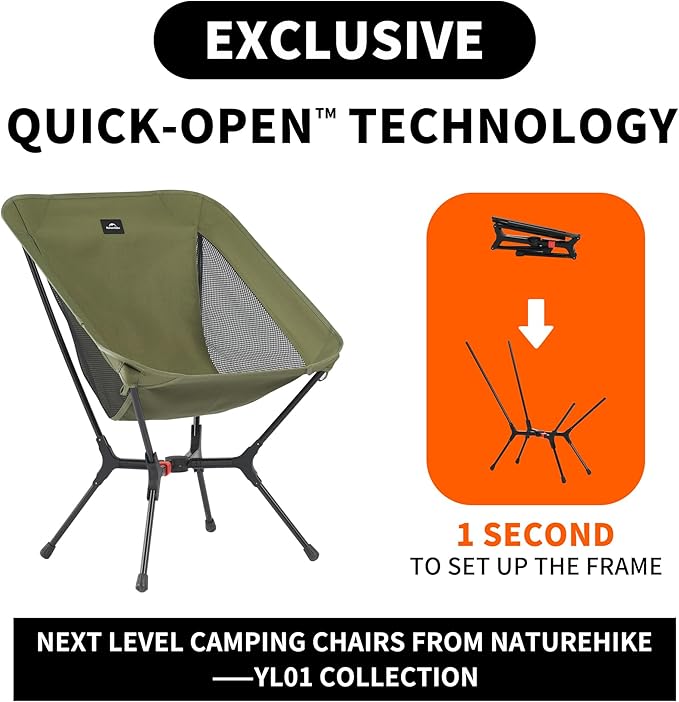 Naturehike YL01 Snap Camping Chair 1 Second Setup Frame 441lb Capacity Camp Chair Portable &amp Lightweight Backpacking Chair