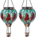 2 PCS Cardinal Hot Air Balloon Solar Lantern with Flickering Flame LightGlass Hanging Solar Lights Outdoor Waterproof for Patio Yard Party Gift Decor