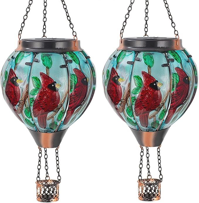 2 PCS Cardinal Hot Air Balloon Solar Lantern with Flickering Flame LightGlass Hanging Solar Lights Outdoor Waterproof for Patio Yard Party Gift Decor