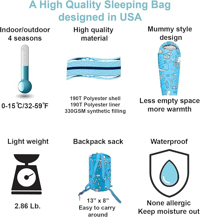 KidzAdventure Mummy Style 32 – 59F Kids Sleeping Bag with Pillow Sleeve 4 Season Lightweight and Backpacking Style Ideal for Camping Sleepover Boys Girls Youth and Toddlers
