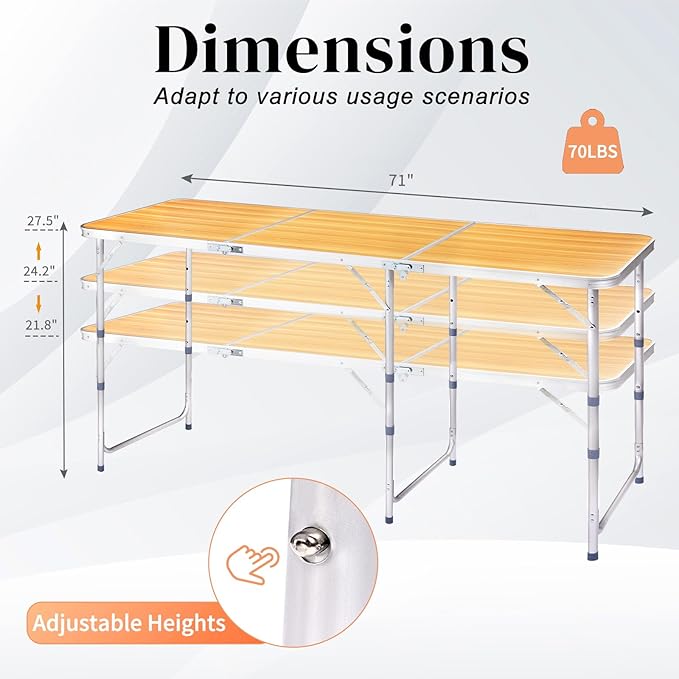 6.0 Ft Folding Portable Camping Table with Three Adjustable Heights Tri-fold Outdoor Table Outdoor Camping Kitchen BBQ Dining Picnic Cooking Beach Garden Yellow