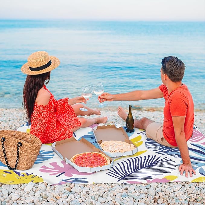 Waterproof Sandproof Beach Blanket 59''×68'' Leaves Collection Polyester Outdoor Picnic Blanket with 4 Stakes &amp Storage Bag for BeachCampingVacation White
