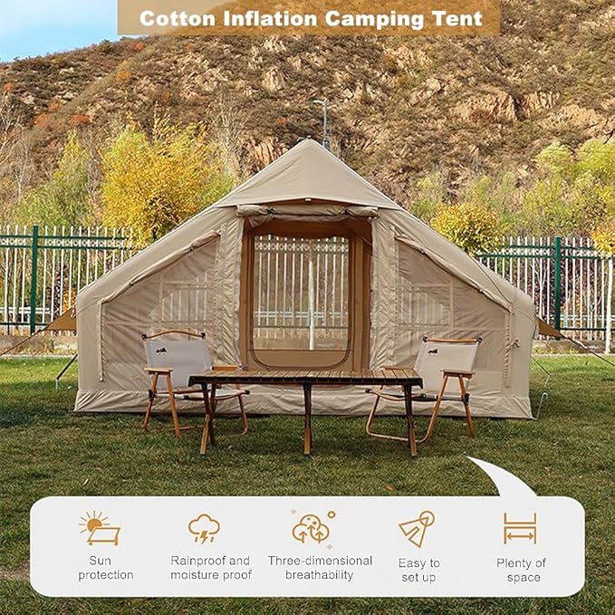 UNIISTRENGH Inflatable Camping Tent Air Glamping Quick Set Up Waterproof Pop Up Tents with Stove Jack Hole and Carry Bag