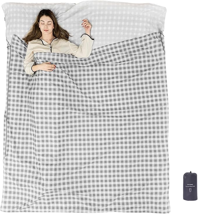 100% Cotton Sleeping Bag Liner with Full Length Zipper on 3 Sides Single/Double Adult Sleep Sack for Travel &amp Camping Multifunctional Travel Sheets (Unzipped 87”x87”) for Hotel Lightweight