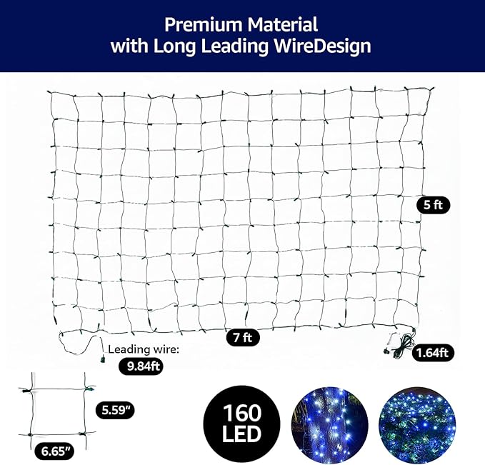 Led Christmas Net Lights White and Blue Outdoor Christmas Lights 160LED 5ftx7ft Connectable Outdoor Indoor Fairy Mesh Net Light for Party Yard Patio Trees Shrubs Bushes Decorations