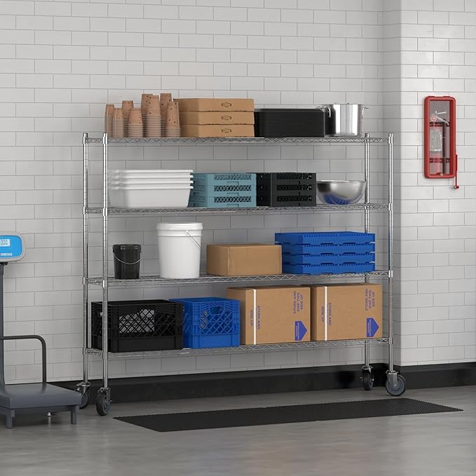 Commercial NSF Listed Chrome Mobile Wire Shelving Kit 12 x 72 x 60 with 4 Shelves Perfect for Warehouse Walk-in Refrigerator Freezer Grocery Store Restaurant Dishroom