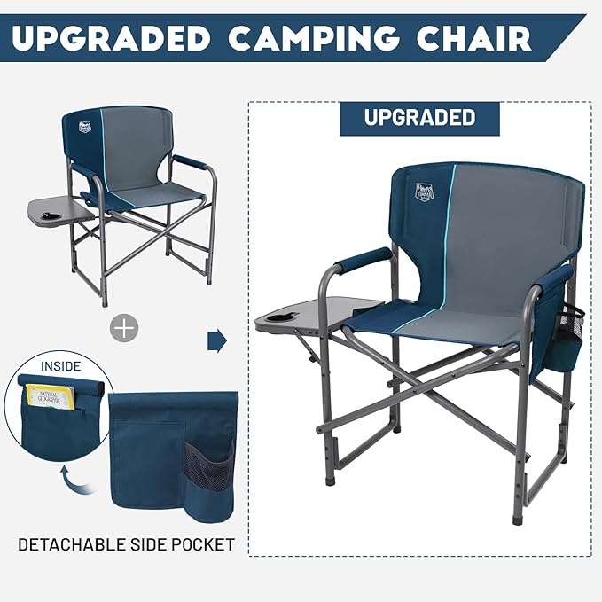 TIMBER RIDGE Aluminum Oversized Camping Chair Lightweight Portable Directors Chair with Side Table Detachable Side Pocket for Outdoor Camping Lawn Picnic Support 400lbs Blue 2 Pack