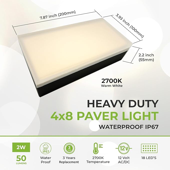 LUMENGY Paver Light 4x8 Inch (3.93x7.87) 2700K Warm White Glare-Free Brick Lighting for Driveways Walkways Pool Decks and Patios 12V Hardwired IP67 Waterproof Drive-Over Rated