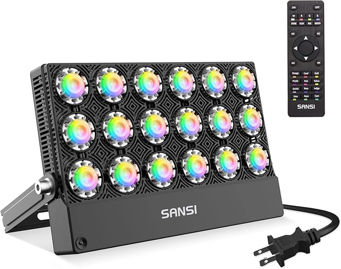 SANSI Led Flood Light 600W Equivalent with Ceramic Technology Outdoor Indoor Color Changing Led Stage Party Christmas Lighting RGBW Remote Floodlights 100W16 Colors 4 ModesDimming for Garden Yard