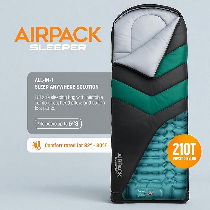 Sleeping Bag with Built-in Pad (AirPack Sleeper) - All-in-One Inflatable Sleeping Pad and Zip-Up Blanket for Camping with Built-in Foot Pump (Black/Green) 80×30