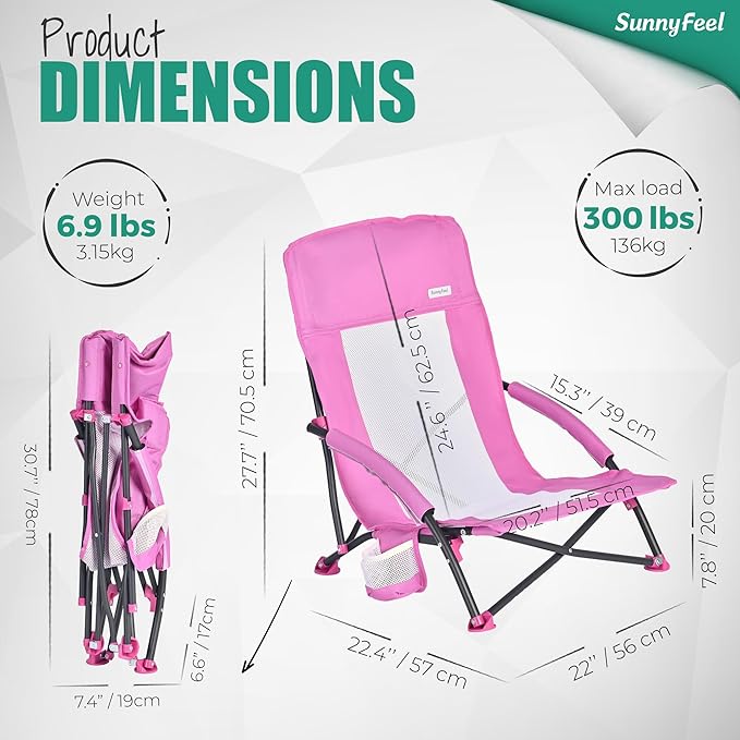 SUNNYFEEL Folding Low Camping Beach Chair 2 Pack Lightweight Portable Lawn Chair with Mesh Back Cup Holder for Outdoor/Travel/Picnic/Concert Foldable Camp Backpack Chair with Carry Bag