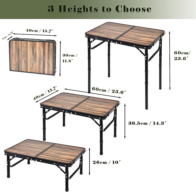 Aluminum Folding Table - Premium Portable Lightweight and Adjustable Camping Table for Outdoor Adventures Picnics and Home Use - Durable and Compact Design 2ft with Carry Handle (Wood Grain)