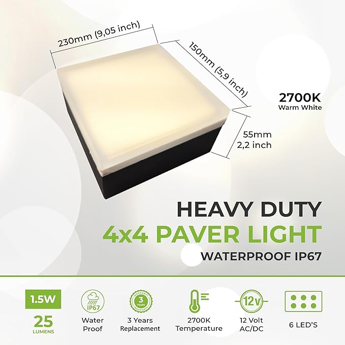 LUMENGY Paver Light 4x4 Inch (3.93x3.93) 5000K Daylight Glare-Free Brick Lighting for Driveways Walkways Pool Decks and Patios 12V Hardwired IP67 Waterproof Drive-Over Rated