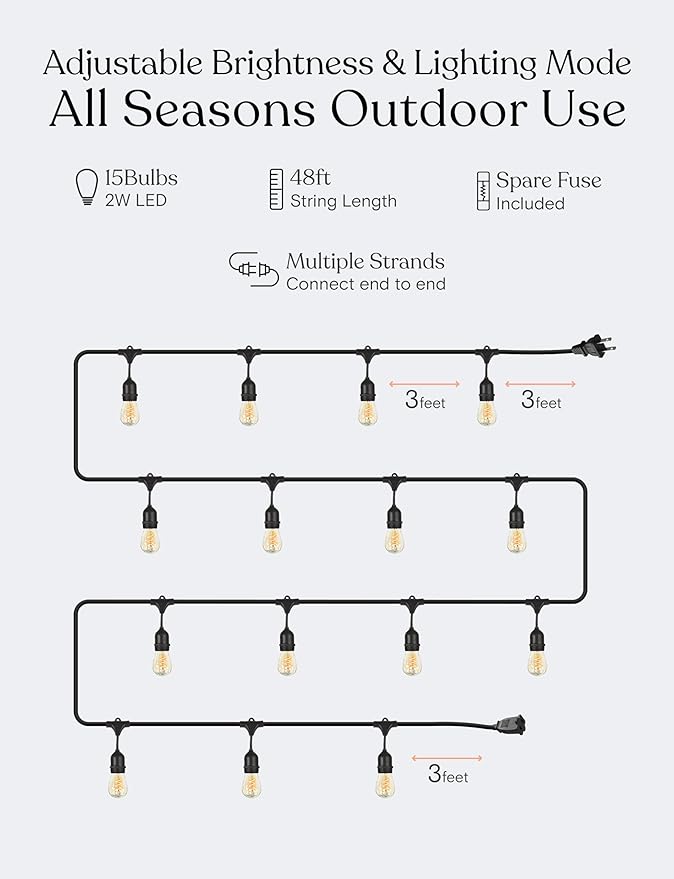 Brightech Ambience Pro - Waterproof LED Outdoor String Lights - 15 Bulbs Dimmable 2W Vintage Spiral Edison Bulbs - 48 Ft Commercial Grade Patio Lights Cafe Ambience in Your Backyard