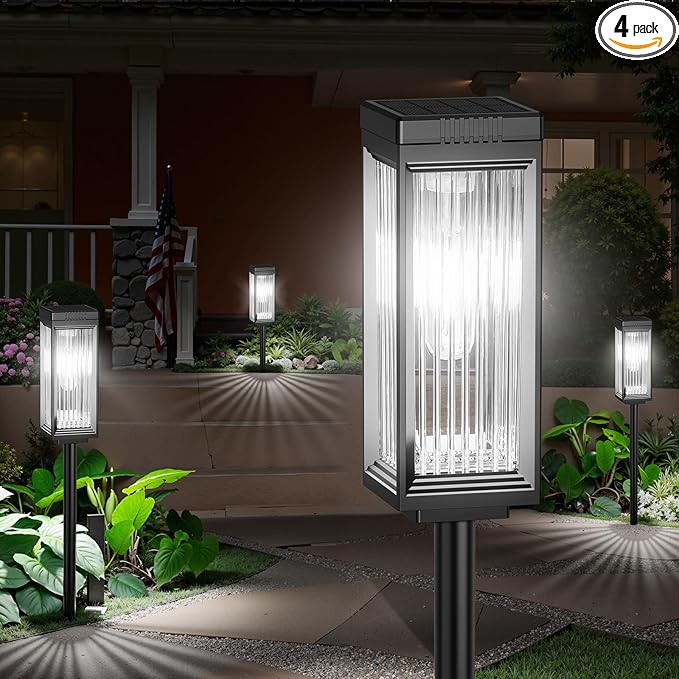 Solar Pathway Lights Outdoor 4 Pack Upgraded Solar Lights Outdoor Waterproof Bright Up to 15 Hrs Auto On/Off Garden Light for Yard Patio Lawn Path Walkway Driveway Outside Decor(Cool White)