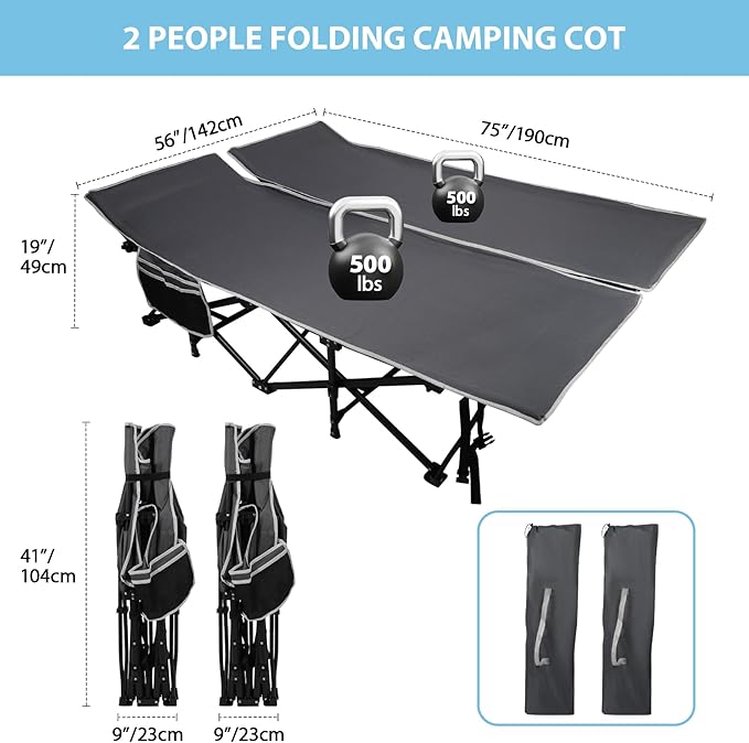 REDCAMP 2 Person Oversize Camping Cots for Adults 56'' Extra Wide Sleeping Cots Heavy Duty XXXL Cots Portable for Outdoor Indoor Office Grey