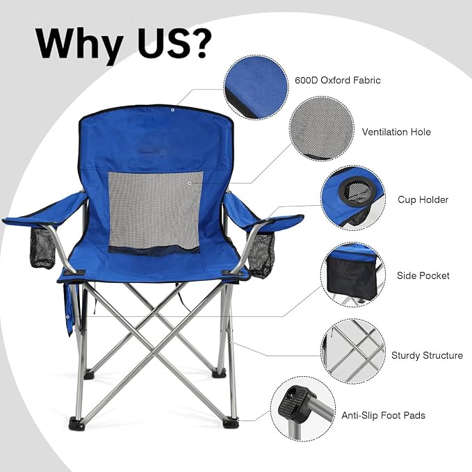 Simple Deluxe Outdoor Foldable Camping Chair with Sturdy Material and 300lbs Capacity Foldable Camping Chair with Cup Holder and Carrying Bag for Parks Beaches Fishing and Camping Blue