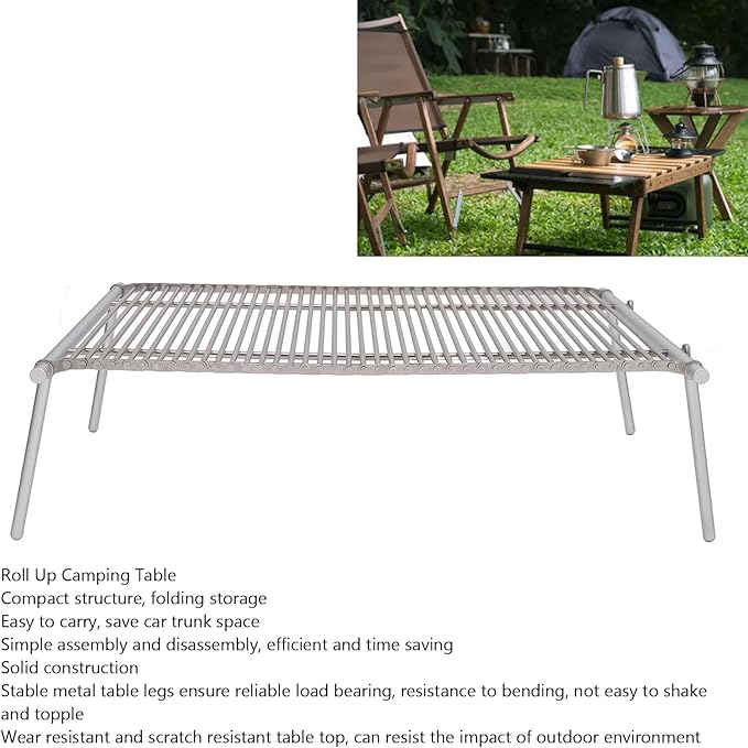 Folding Camping Table Portable Roll Up Table Board with Storage Bag Stainless Steel Adjustable Height for Picnic Camping BBQ Party Backyard Beach Sliver