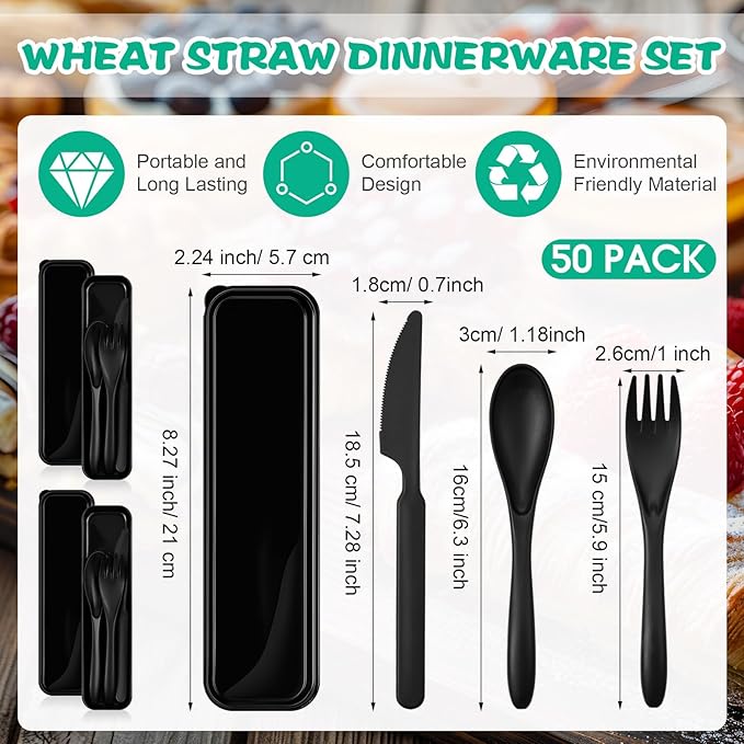Jinei 50 Sets Reusable Travel Utensils Set with Case Wheat Straw Cutlery Portable Spoon Knife Forks Lunch Box Accessories Friendly Tableware for Kids Adults Camping Utensils (Black)