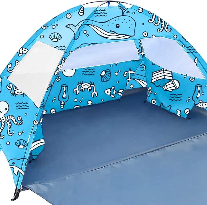 Ocean World 3-4 Person Family and Baby Beach Tent – Cool Beach Essentials for Shade UPF 50+ UV Protection and PU800 Waterproof Portable Pop Up Sun Shade Cabana Shelter for Kids and Toddlers