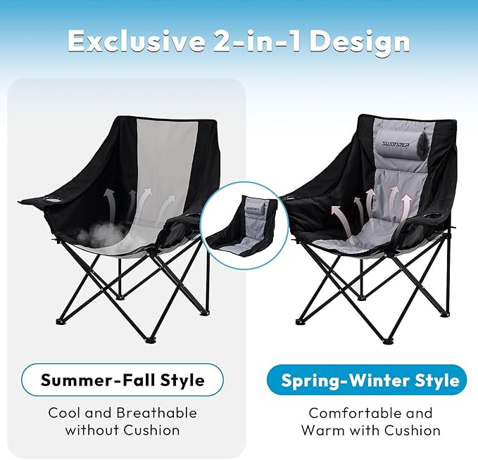 Swonder Oversized Moon Camping Chair with Innovative 2-in-1 Removable Seat Cushion for All Seasons Heavy-Duty Fully Padded Folding Outdoor Chair with Headrest and Carry Bag