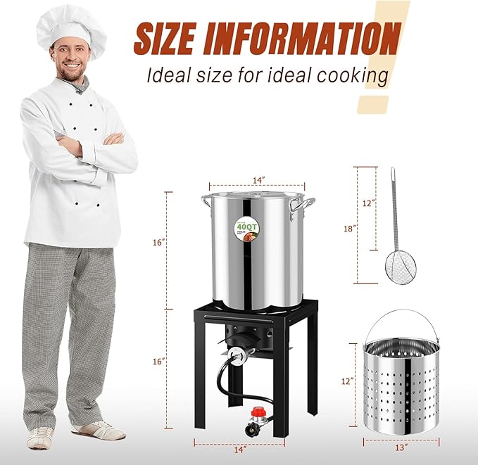 Stainless Steel 40QT Turkey Fryer Kit Waterproof Cover &amp 12-inch Skimmer 55000BTU Propane Burner Stove Turkey Fryer Pot Outdoor Deep Fryer Crawfish Boiler with 25QT Basket