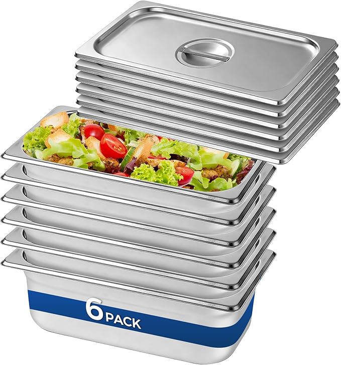 6 Pack Stainless Steel Hotel Pans 1/3 Size 4 Inch Deep With LidsAnti-Jam Chafing Steam Table Pans Food Prep Pans for Restaurant Buffet Catering Hotel Dishwasher Safe