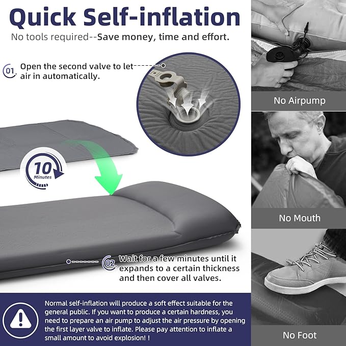 INVOKER Camping Sleeping Pad 3.15” Memory Foam Fast Self Inflating Insulated Durable Camping Mat Air Mattress with Pillowfor Tent Traveling Car Camping Grey