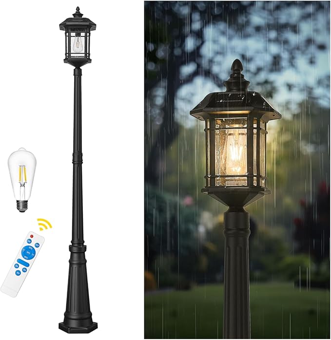 Emliviar 82 Solar Street Lamp Outdoor LED Dusk to Dawn Pole Solar Light with Remote Control Waterproof Post Lighting with Seeded Glass A2202110PL-SL BK