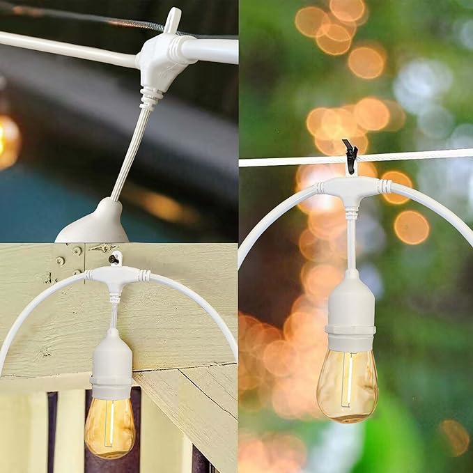 Banord White Outdoor String Lights Commercial Grade Patio Lights with 30 1W S14 Dimmable Shatterproof LED Bulbs Heavy Duty Hanging Lights for Outdoor Waterproof String Lights 96ft (2x48ft)