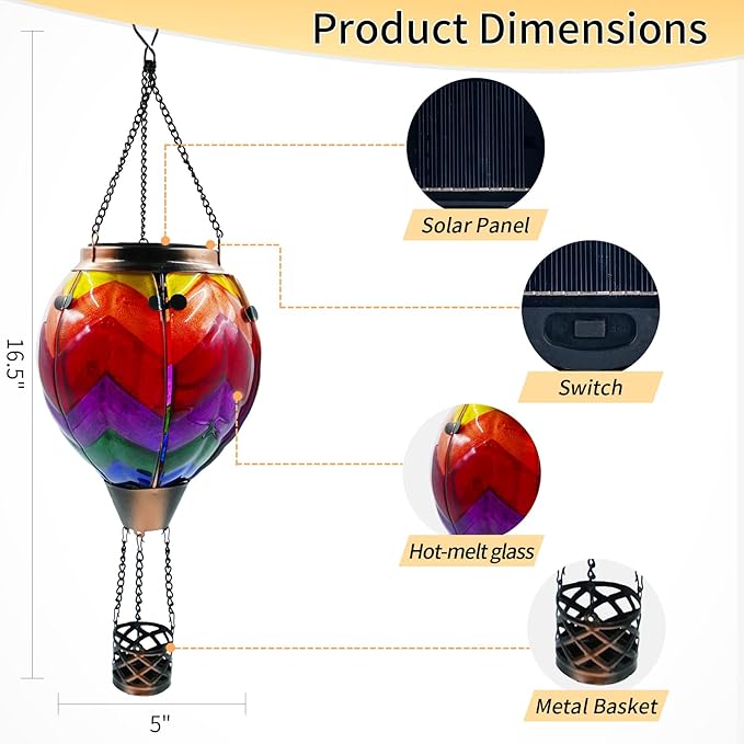 Glass Solar Hot Air Balloon Lantern with Flame Hanging Garden Flickering Light Outdoor Waterproof for Yard Patio Tree Mother's Day Gift Wavy-Colorful