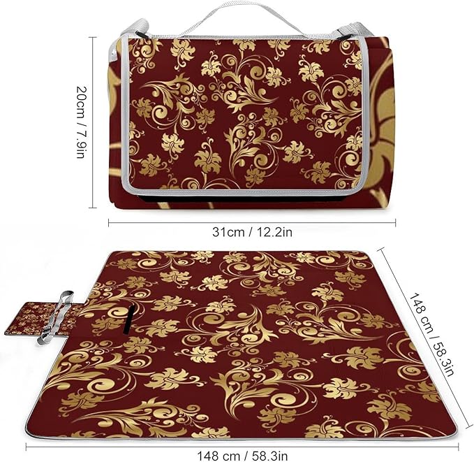 Flower Maroon Gold Floral Classy Burgundy Antique Waterproof Outdoor Picnic Blanket Sandproof Beach Mat for Camping Hiking Grass Travelling