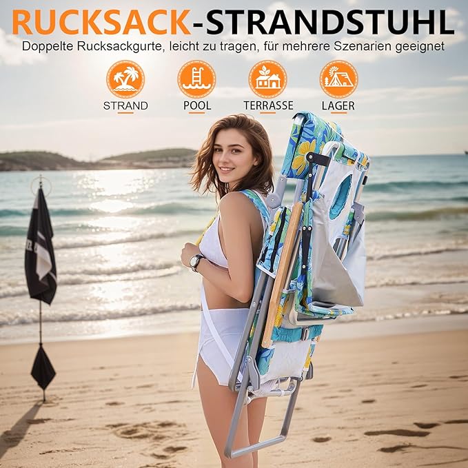 Oversized Heavy Duty Backpack Beach Chair with Sun Canopy Reclining Lounge Chair Tanning Chair with Face Hole 5-Position Foldable Camping Chair for Outdoor Sunbathing Beach Patio Pool (Yellow/Green)