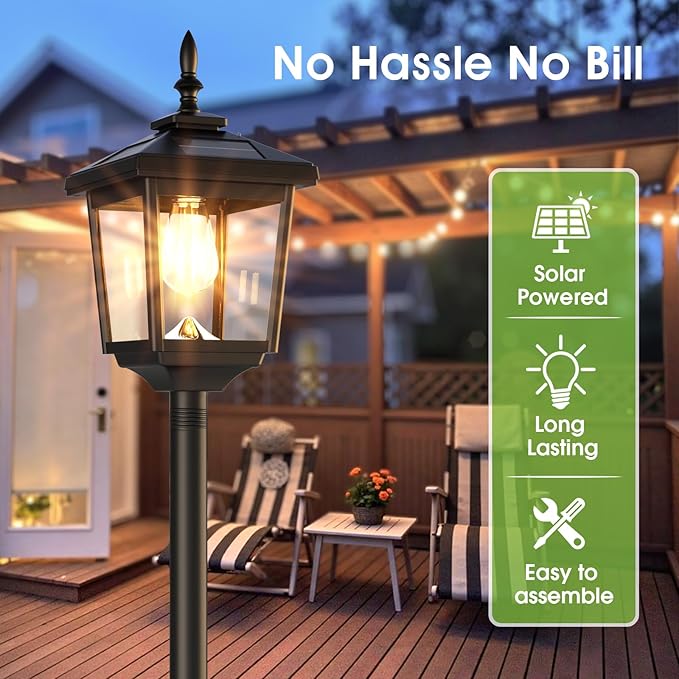 Greluna Solar Lamp Post Light Outdoor Warm White IP45 Waterproof Solar Post Lights Outdoor Pole Lights Decorative Lamp for Yard Garden Patio Lawn Pathway Driveway Front/Back Door 2 Pack