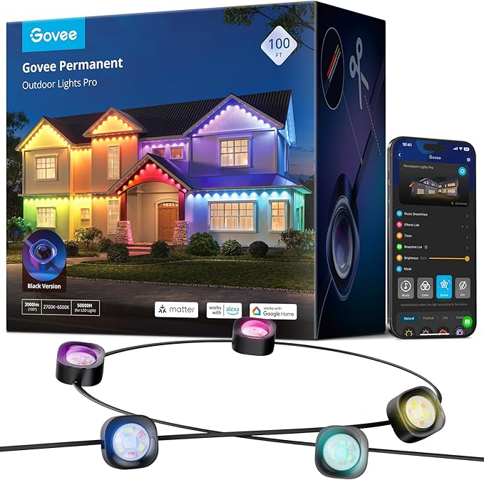 Govee Permanent Outdoor Lights Pro 100ft with 60 RGBIC LED Lights for Daily and Accent Lighting 75 Scene Modes for Outdoor Decor IP67 Waterproof Works with Alexa Google Assistant Matter Black